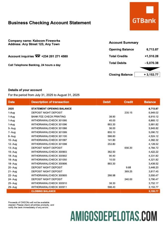 Baixável Nigeria GTBank Firm modelo de extrato de conta Word e PDF